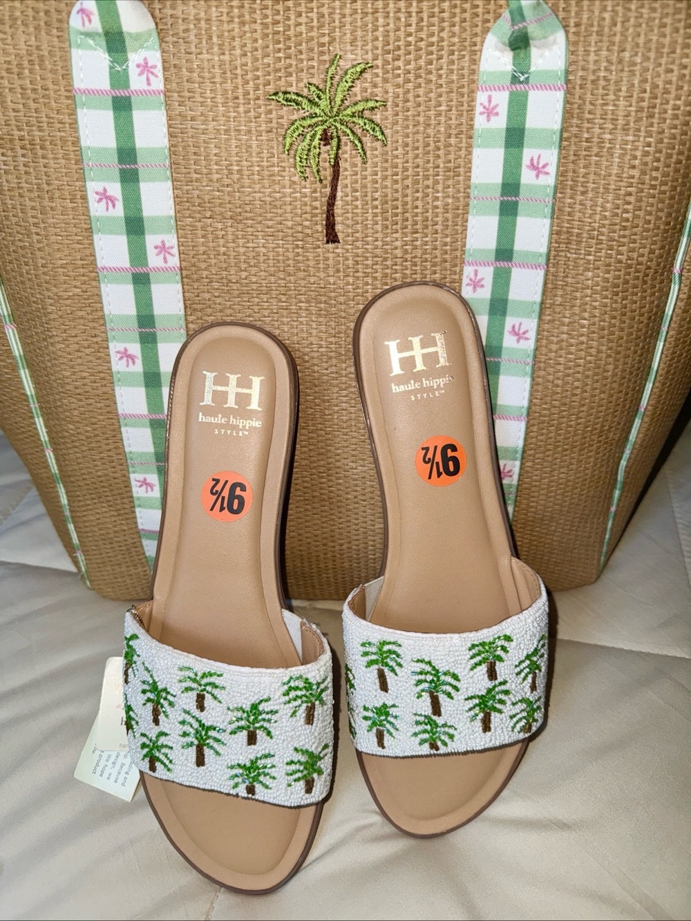 NEW Haute Hippie White Palm Tree Beaded Slide Sandals Size 9.5 Tropical